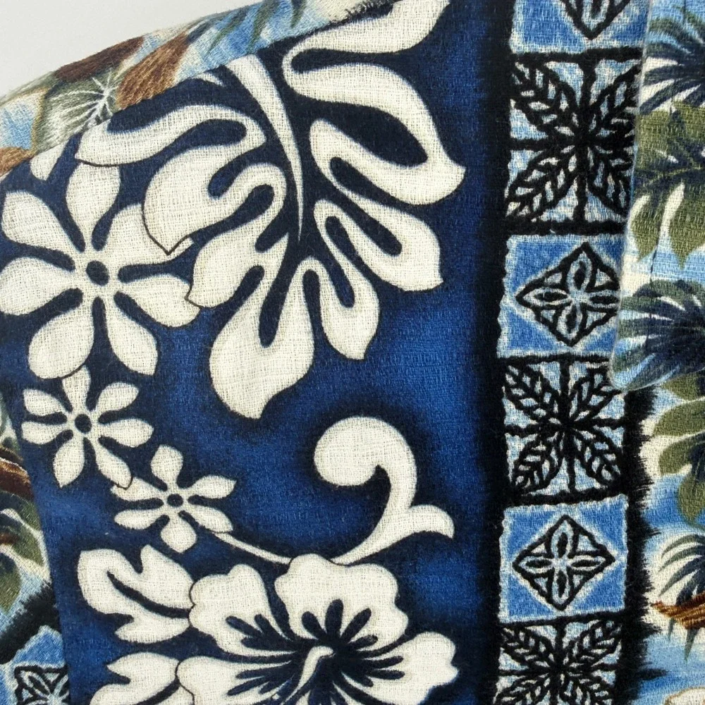 RJC Hawaiian Shirt Mens XL Blue White Hibiscus Surfboard Made in Hawaii USA